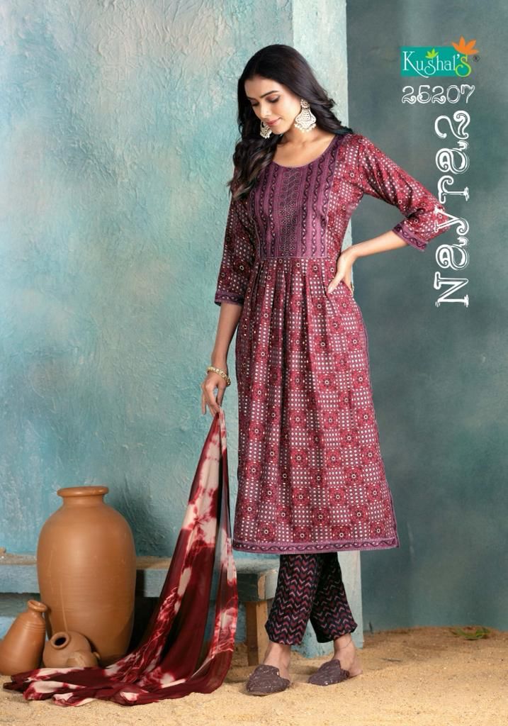 Nayra 2 By Kushals Rayon Printed Naira Cut Kurti With Bottom Dupatta
